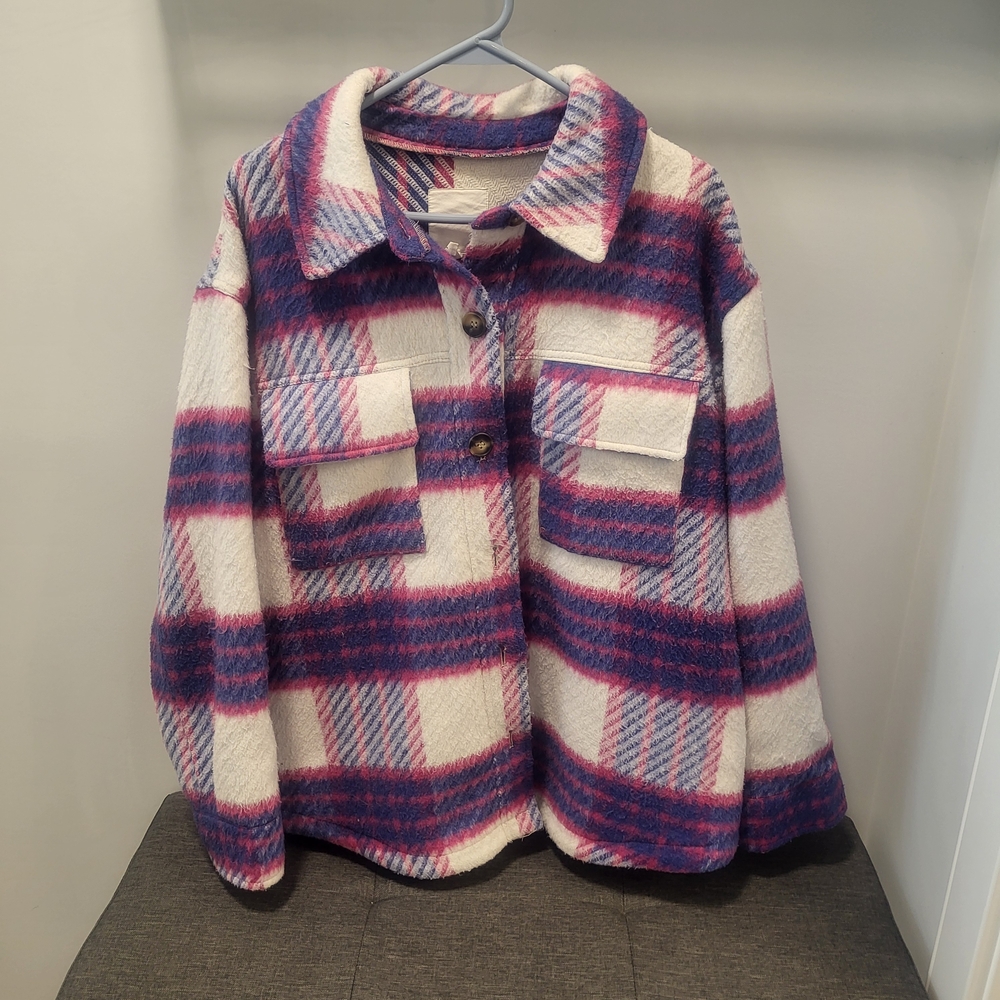 Plaid Button-Up Shacket in Pink, Blue and Off White, 2XL